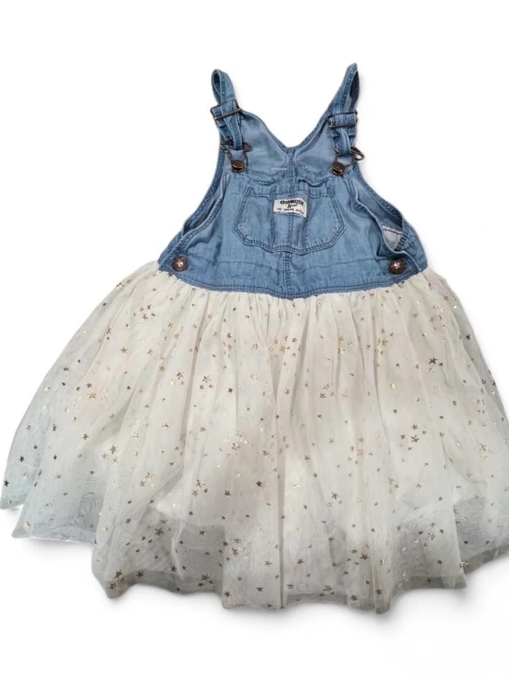 Denim Bib Tulle Dress with Gold Star Detail